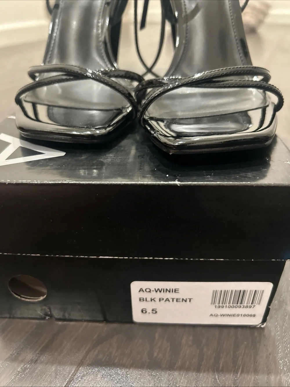 Aqua Winie Black Patent Strap Buckle High Heels Sandals Size 6.5 $128